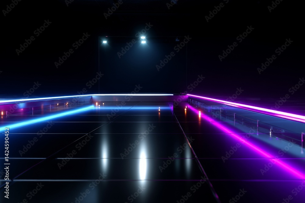 Poster the scene is set in a dark empty room with a glowing floor and an empty ice arena, all against an ab