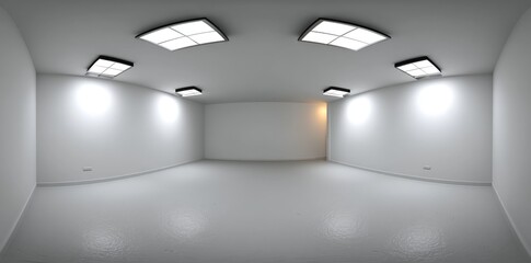 A 360-degree spherical view of an empty photo studio featuring a studio backdrop and flash lights, presented as a 3D render illustration in HDRI, HDR, and VR style