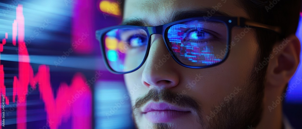 Poster focused programmer: analyzing data, stock market, charts, and graphs