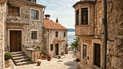 Fototapeta premium Charming European seaside street scene in a historic coastal town with winding cobblestone pathways, stone and terracotta-roofed buildings, lush foliage, overlooking the tranquil sea