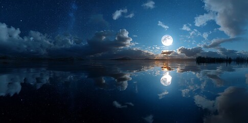 High-resolution HDRI map serving as an environment map for equirectangular projection and spherical panorama, used as a 3D illustration background featuring a blue night sky with a bright moon and