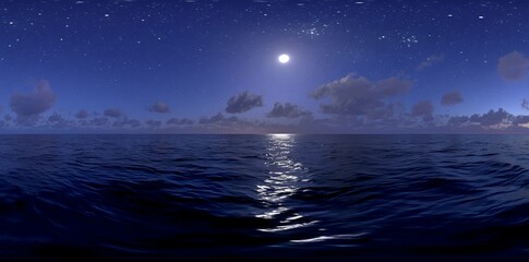 HDRI map of high resolution, utilized for equirectangular projection and spherical panorama, providing a 3D illustration background that depicts a serene blue night sky with a bright moon and fluffy