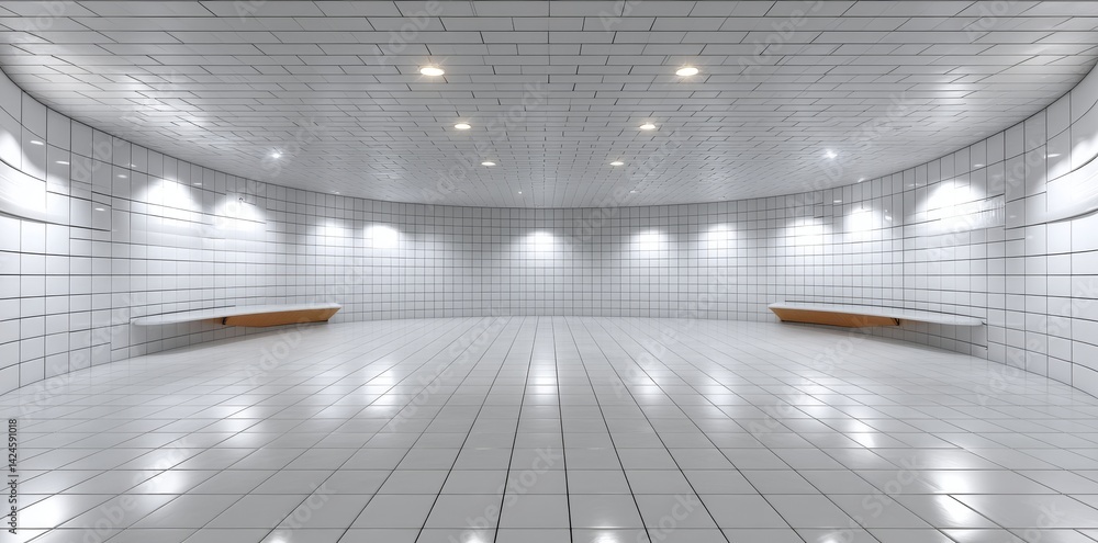 Poster a white room devoid of any items, with an hdri map and square lamps embedded in the ceiling