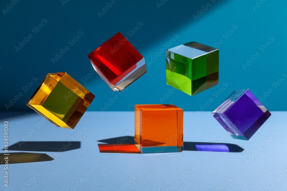 Poster a complex abstract background composed of glass geometric figures and prisms that create a light dif