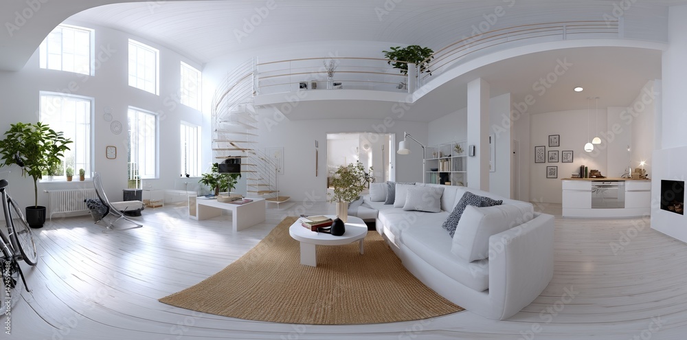 Poster a 3d rendering featuring a spherical 360 panorama projection showcases scandinavian style interior d