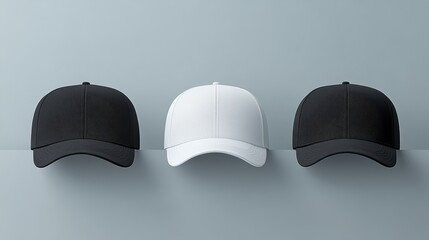 Three caps displayed: black and white baseball caps on minimalist background