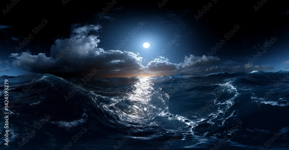 Poster a 3d rendering features a dark sky with thunderstorm clouds and a bright moon, accompanied by an env