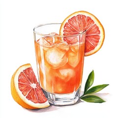 A vibrant watercolor painting showcases a glass filled with freshly squeezed grapefruit juice ice and garnished with a slice of the fruit set against a pure white backdrop