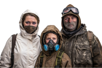 Family preparing for outdoor adventure in protective gear against harsh conditions for safety and comfort