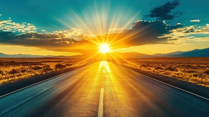 Naklejka premium Golden Hour Road Trip: A Majestic Sunset on an Open Highway