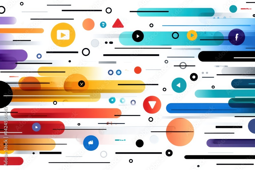 Poster Digital Icons and Apps in a Playful Race Showcasing Vibrant Speed and Dynamic Movement in a Colorful Abstract Composition