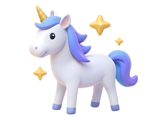 3D Render Unicorn with Blue and Purple Mane, Golden Horn, and Yellow Stars Image Isolated on Transparent Background. Cartoon Plastic Style Icon.