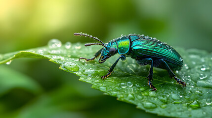 A brilliant beetle with iridescent turquoise wings resting on a leaf in the morning dew.