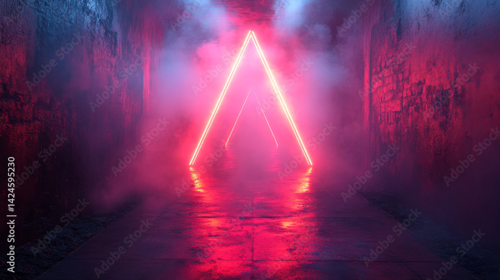 Aufkleber neon laser-lit triangle stage designed over a gritty concrete floor, creating a retro dance event at