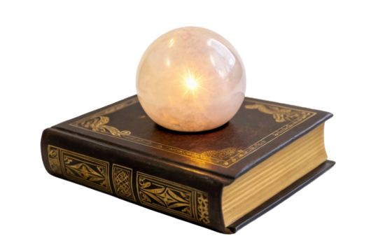 Magical crystal ball resting on an antique book, symbolizing mystery and fortune-telling