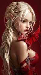 Elven Beauty: Blonde Hair, Red Dragon, and Romantic Fantasy Art