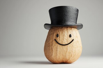 A smiling peanut in a top hat, a whimsical and charming image.