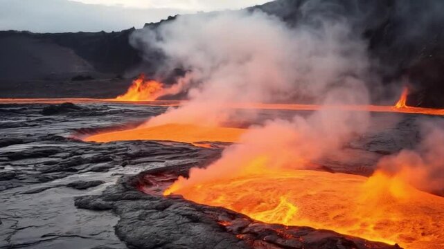 Erta Ale's Inferno: Nighttime Lava Lake"Close-up shot of Erta Ale's lava lake surface, capturing the mesmerizing movement of lava convection currents in 4K detail