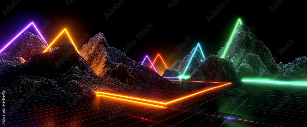 Poster the scene depicts a cyber space landscape with unreal mountains set against an abstract virtual real