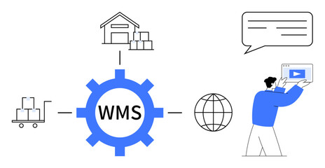 Central WMS gear connected to warehouse, pallet cart, globe, and user with tablet. Ideal for logistics, inventory, supply chain, digital tools, software productivity e-commerce simple landing page