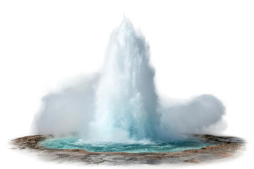 Geyser eruption in natural landscape creating mist and water spray