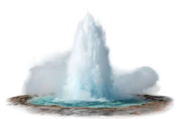 Geyser eruption in natural landscape creating mist and water spray
