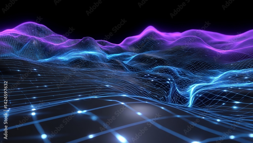 Poster a technological backdrop featuring interconnected dots on a three-dimensional wave landscape, symbol