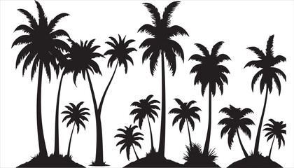 Fototapeta premium Tropical beach illustration with palm tree silhouettes against a summer sunset sky evokes a paradise vacation