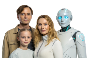 Family portrait with a humanoid robot in a futuristic setting highlighting technology and human interaction