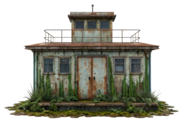 Old weathered cabin surrounded by overgrown greenery, perfect for outdoor adventure themes and eco-friendly designs