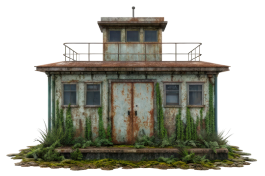 Old weathered cabin surrounded by overgrown greenery, perfect for outdoor adventure themes and eco-friendly designs