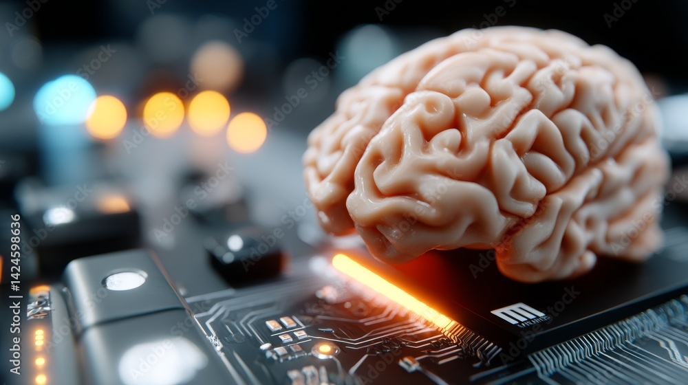 Poster a technological concept featuring a human brain linked to a digital circuit board