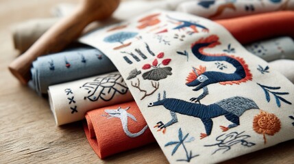 Close-up of embroidered fabric rolls, vibrant colors & detailed designs