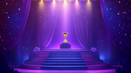 Golden Blue Purple Award Background. Jubilee Night Decorative Invitation. Trophy on Stage platform with spotlight. Wedding Entertainment Hollywood Bollywood Night. Elegant Luxury Steps Floor.