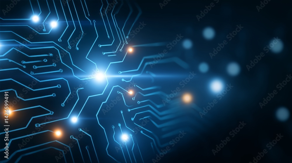 Poster the computer features a circuit board with glowing neon digital technology, abstractly representing 