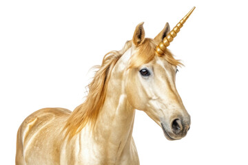 Obraz premium Golden unicorn with a shimmering horn displaying a majestic presence against a neutral backdrop for fantasy themes or designs