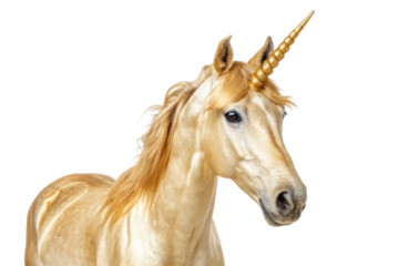 Golden unicorn with a shimmering horn displaying a majestic presence against a neutral backdrop for fantasy themes or designs