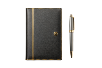 Elegant black leather notebook with a gold pen for note-taking and organization
