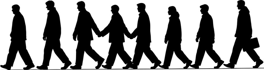 Silhouettes of eight individuals walking in a row, some holding hands transparent background.