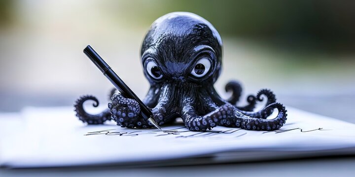 anthropomorphized octopus writing in ink -