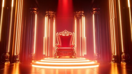 Elegant Looking Trophy Podium on stage. Red Golden Award Background. Luxury Premium Graphics. Throne Sitting Style. Royal Kingdom Prince Style Product Display with Light Effects. Modern Graphics. 