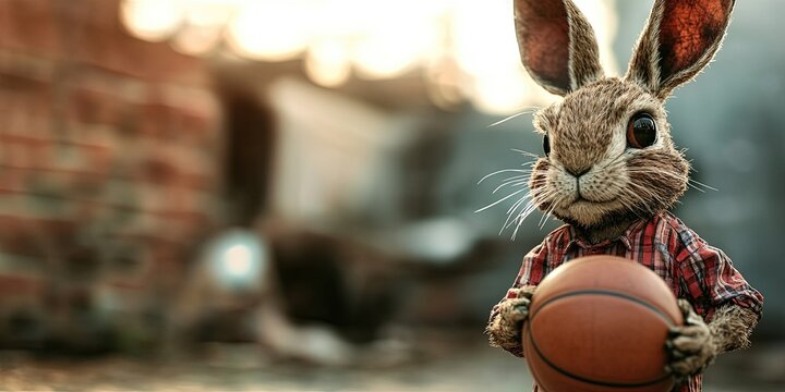 anthropomorphized rabbit playing basketball