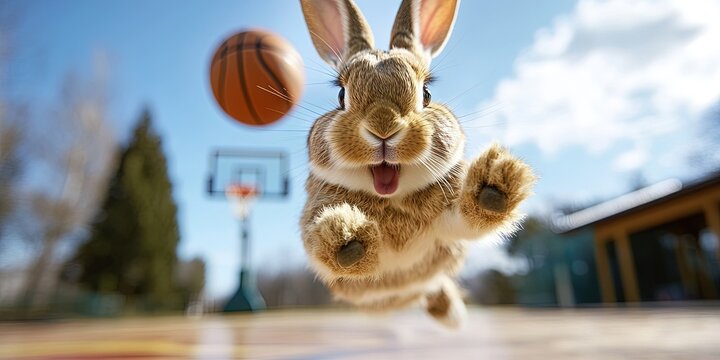 anthropomorphized rabbit wearing basketball jersey playing basketball