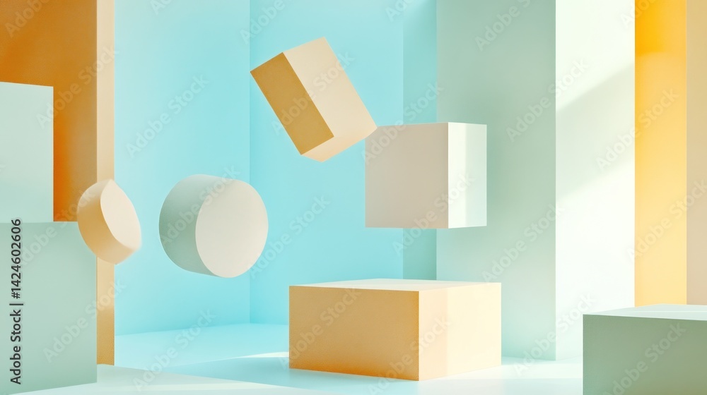Poster abstract pastel geometry: floating shapes in a minimalist 3d render
