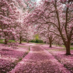 Naklejka premium Romantic floral pathway under blooming pink magnolia trees spring scene