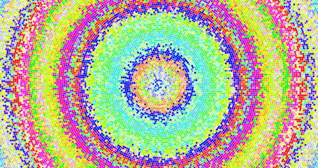 Bright concentric circle pattern with rainbow palette. Style: op art, psychedelic, digital abstraction.