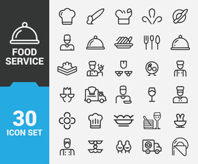 Vector Illustration of Restaurant and Food Service Icons Set Featuring Chef Hats, Cutlery, Food Platters, and Kitchen Tools for Culinary and Hospitality Projects
