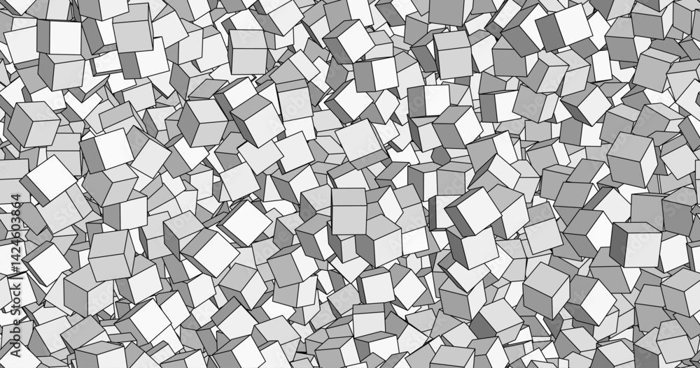 Poster seamless pattern of isometric cubes in gray tones, creating the effect of chaotic heap. minimalism s