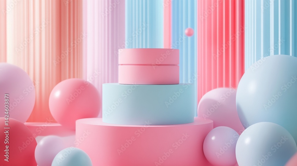 Poster soft pastel scene featuring circular objects and a pedestal against vertical pink stripes in a light