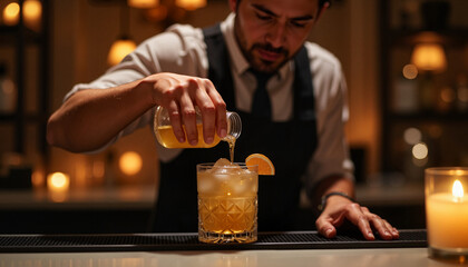 Bartender pouring cocktail in elegant restaurant during nighttime, mixology art